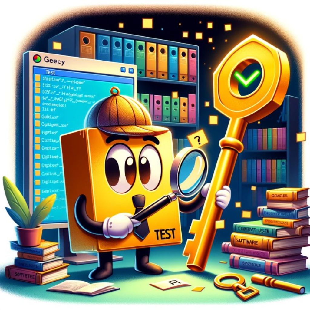 Illustrate a personified cartoon character of a computer with a detective theme, examining a large golden key with 'Test' inscribed on it.