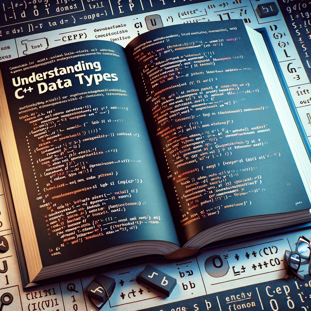 Visualize an open book with the title 'Understanding C++ data types' prominently displayed on the right page.