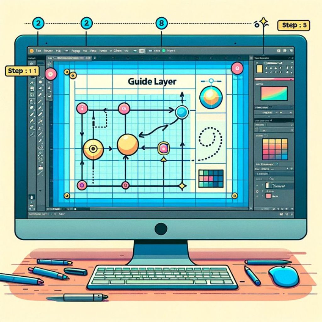 illustration that represents a tutorial for using guide layers in animation software.