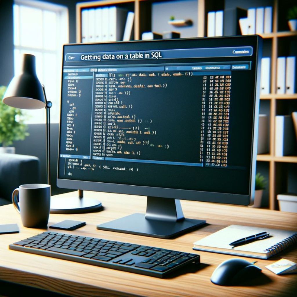 professional computer workstation with a large monitor displaying a SQL query on the screen.